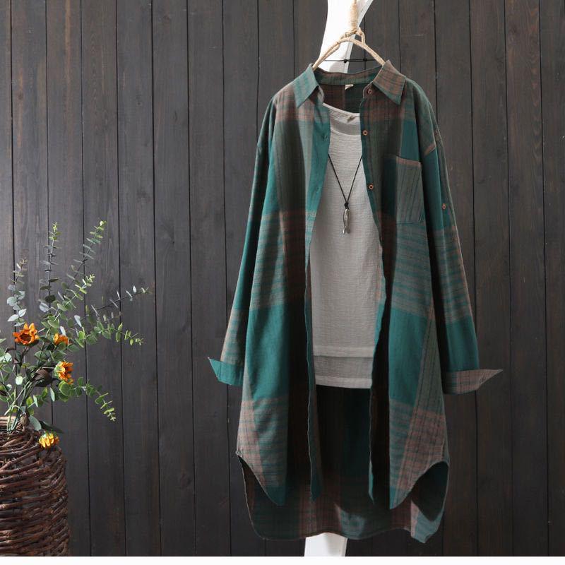 

Ретро Свободная Женская Клетчатая Рубашка в Корейском Стиле - Весенне-Летняя Блузка с Солнцезащитой M зелёный