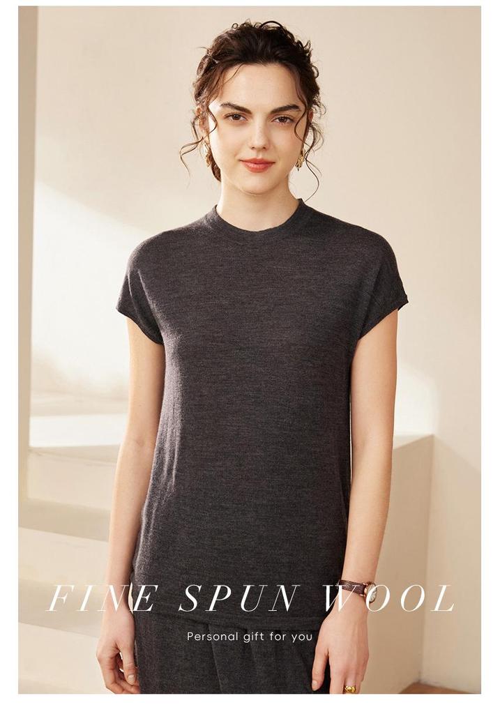 Yangzi Yarn Women's 100% Combed Wool Knit Vest T-Shirt - Short Sleeve, Round Neck, Summer Layer Top