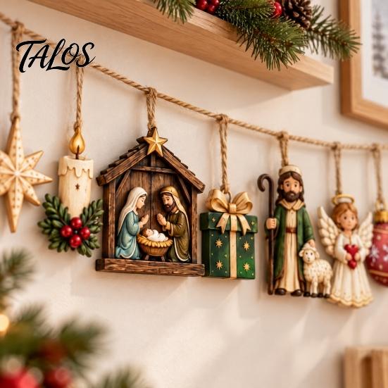 Xmas Mantel Window Hanging Retro Wooden Nativity Pendant for Christmas Tree Decoration, Rustic Manger Decorations Banner with Hemp Rope Holiday
