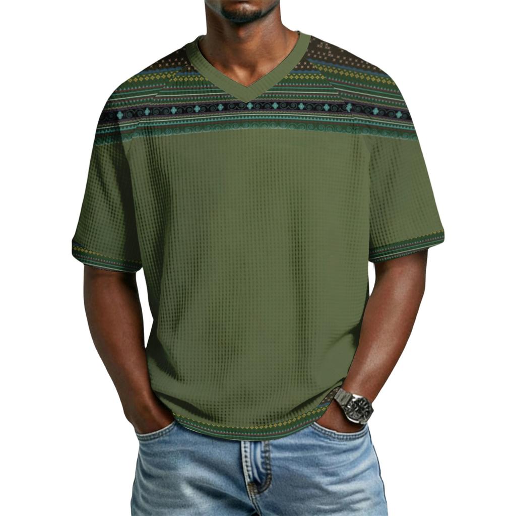 Men's casual stylish retro texture printed short-sleeved shirt Men's breathable V-neck short-sleeved top