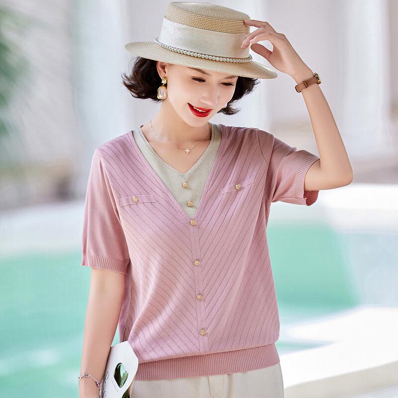 Paster Summer Faux Two-Piece Knit Short Sleeve T-Shirt