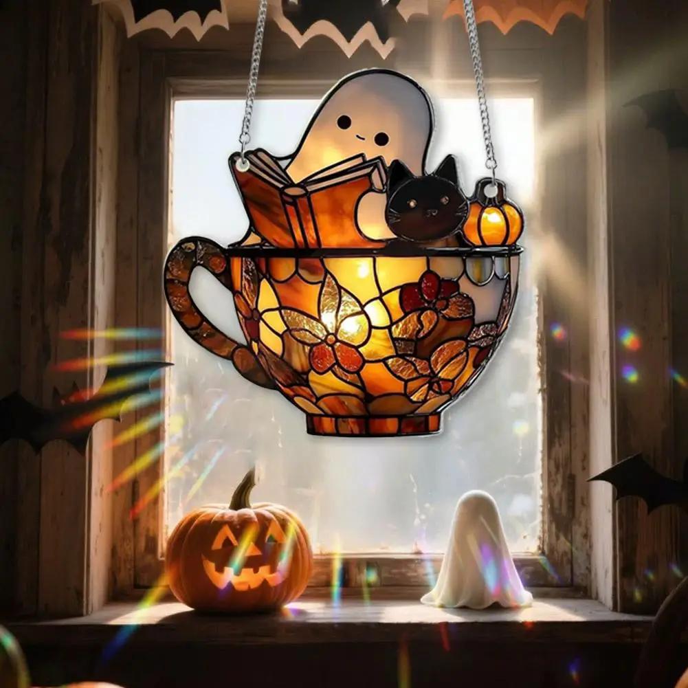 Acrylic Ghost Reading Book Suncatcher Halloween Hanging Decor Window Hanging Ornament Colorful Shadow Home Decorations