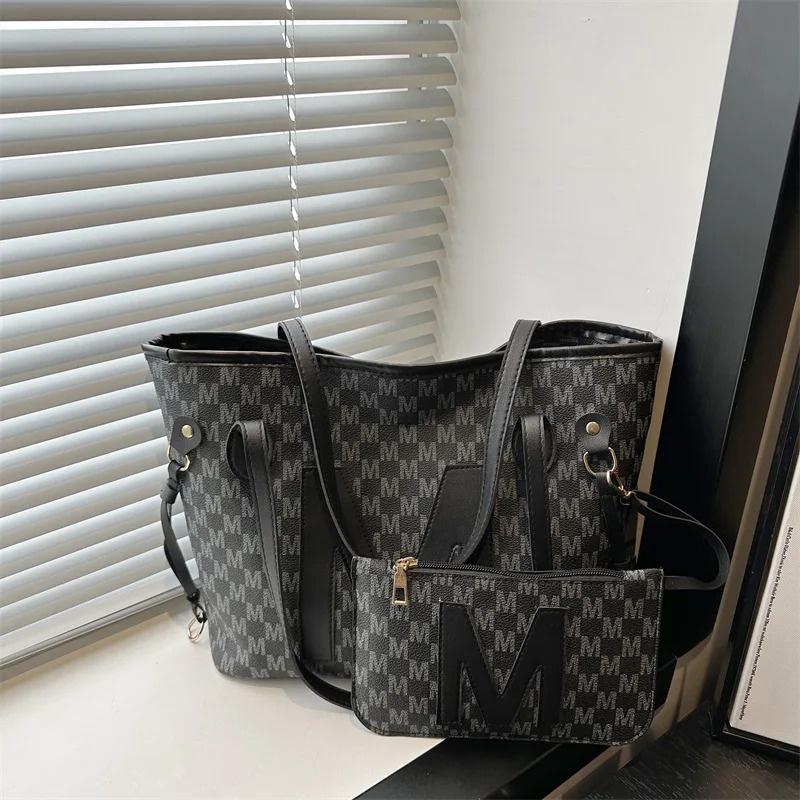 Monogrammed Tote Bag & Mini Bag Set Stylish Purses with Logo Accents Large Capacity Handbags Shoulder Bag for Women's Daily Use