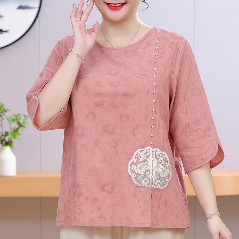 Women's Plus Size Chinese Embroidery Top – 3/4 Sleeve Round Neck Textured Blouse (Sizes 3XL-8XL) for Middle-Aged Ladies