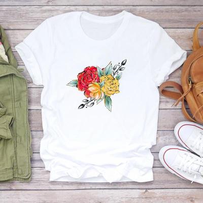 (Asian Size) Tee Top Clothing Lovely Flower Trend Cute Sweet Short Sleeve Women Print Lady Female Fashion Tshirt Casual Graphic T-shirt