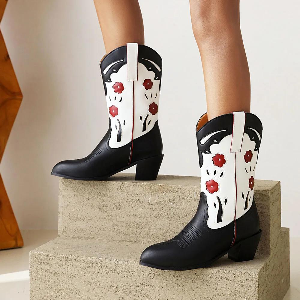 Женские ковбойские сапоги с острым носком на толстом каблуке с красным сердцем в стиле ретро ковбойские западные сапоги натягивающиеся до середины икры женские сапоги большой размер 48 35 4670₽