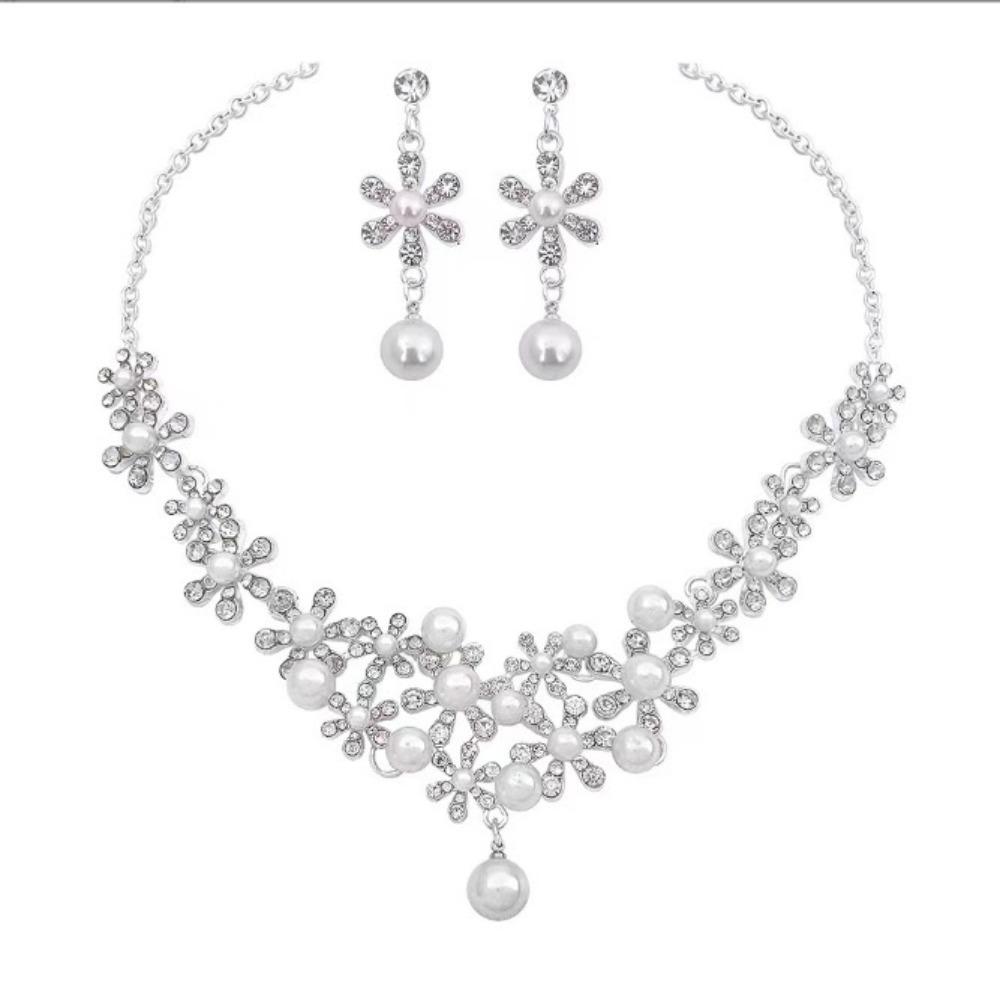 Sparkling Rhinestone Jewelry Set Vintage Flower Necklace Pearl Necklace Ears  Women Gifts
