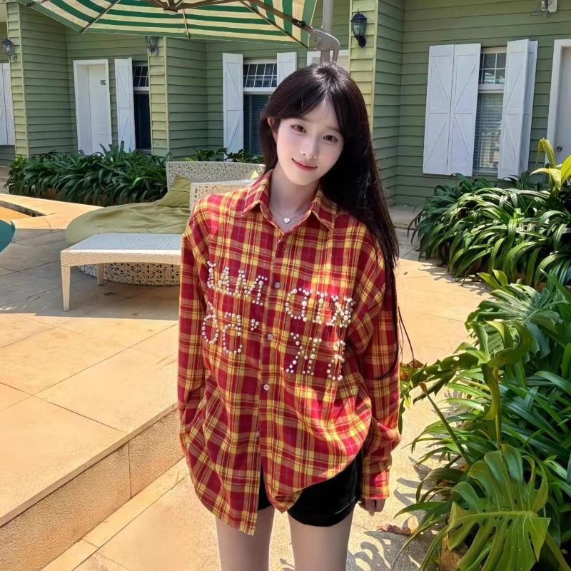 Women Letter Studded Checkered Shirts American Retro Long Sleeved Blouses Summer Fashion Sun Protection Lady Cardigan