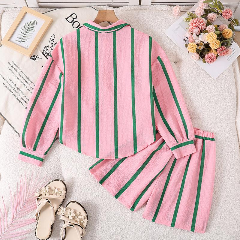 Girls' Striped Set: Spring/Fall Children's Long-Sleeve Collared Color-Block Shirt Dress and Pants Two-Piece Set