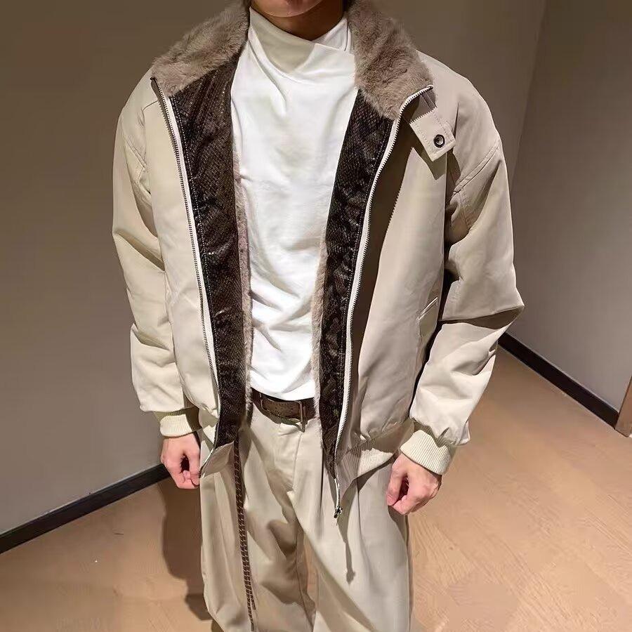 Korean Style Snake Skin Pattern PU Leather Unisex Winter Jacket XL