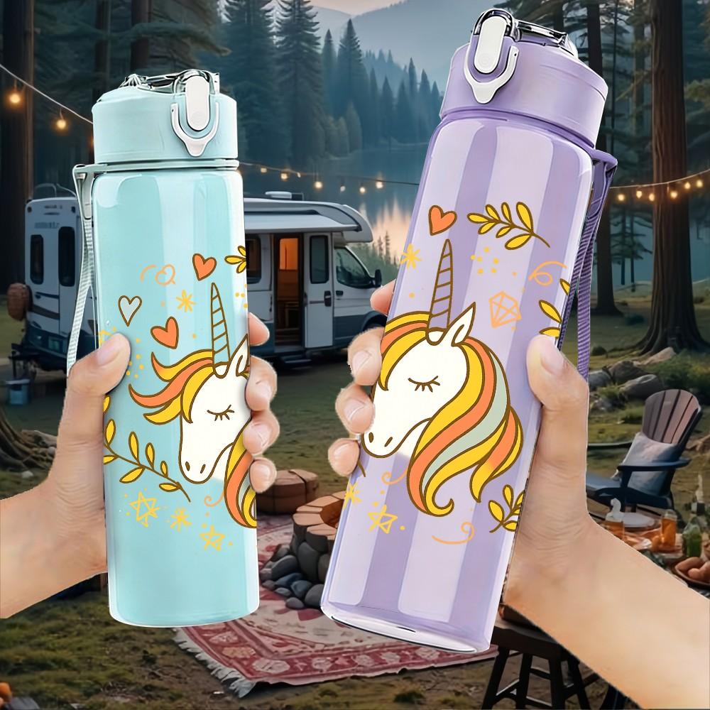 1PC Floral Wreath Unicorn Art 750ml Color Plastic Sports Water Bottle Leakproof Flip Straw Lid Suitable for Sports Office Home Use