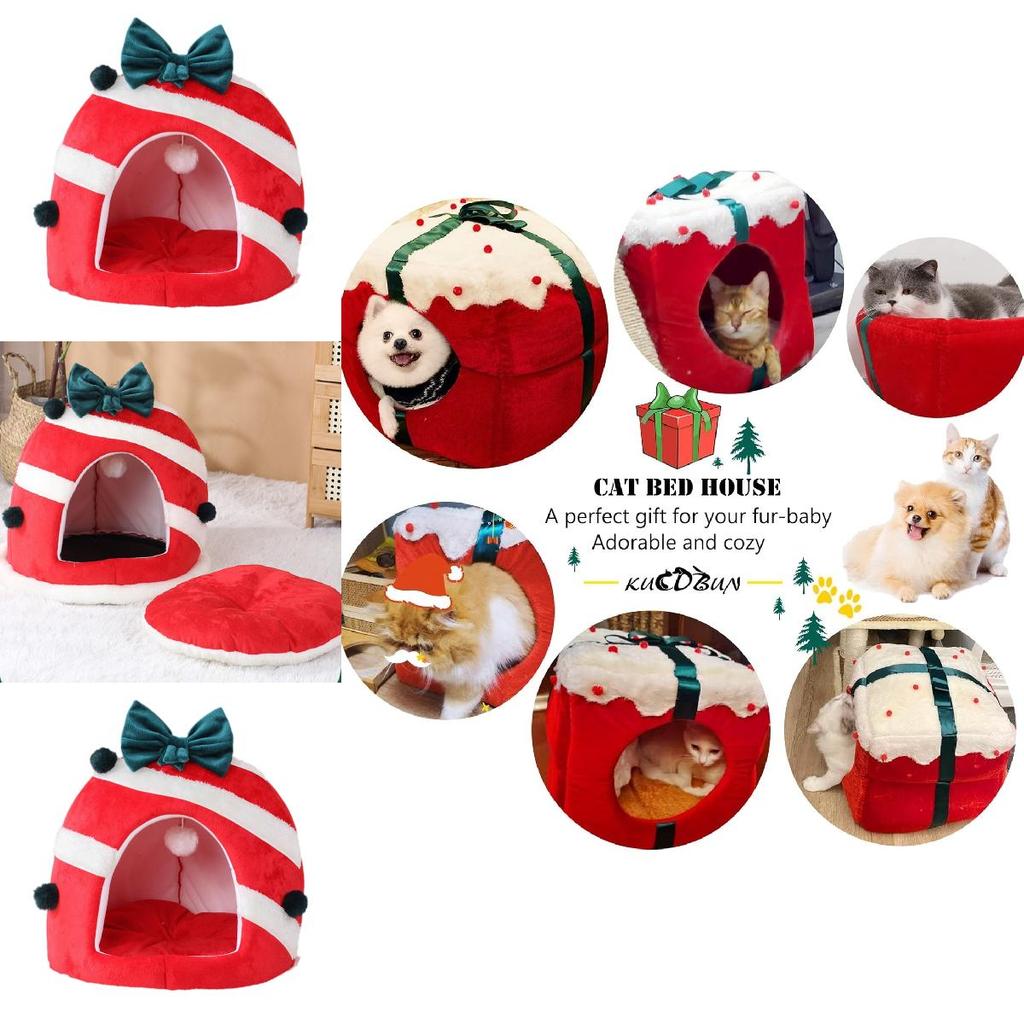 Plush Square Christmas Cat House Ideal For Winter Warmth And Comfort For Your Feline Friend