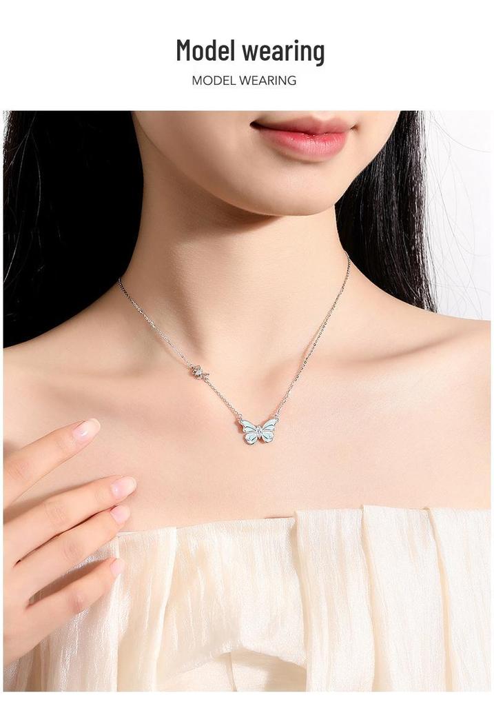Tichia S925 Sterling Silver Luminous Enamel Butterfly Necklace for Women - Original Design Clavicle Chain
