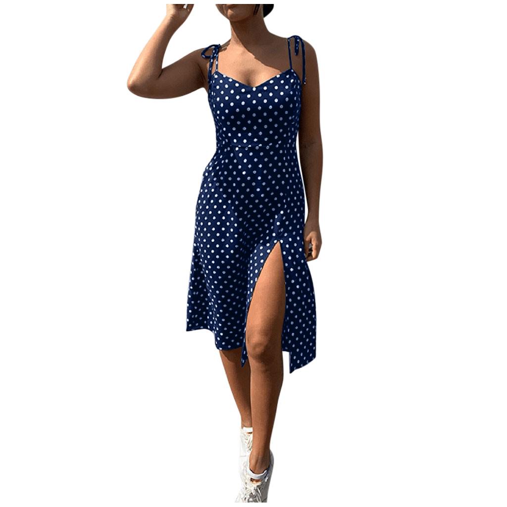 Womens Fashion Causal Dot Sleeveless High Waist V-Neck Dress