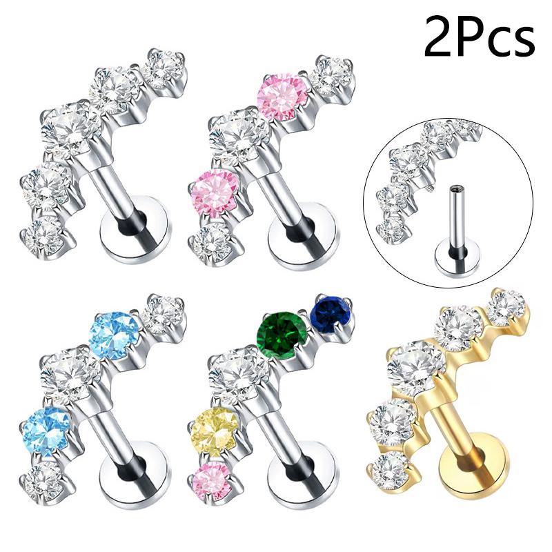 2Pcs Titanium 5 Cz Cluster Climber Stud Earrings 16G Daith Helix Tragus Cartilage Lobe Piercings Flatback Labret Stud Jewelry