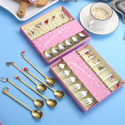 Set 6 Bucăți Linguri de Crăciun Set Tacâmuri pentru Cafea Set Tacâmuri din Oțel Inoxidabil Linguriță Desert Furculițe Cadouri de Crăciun Cerb Decorare de Crăciun