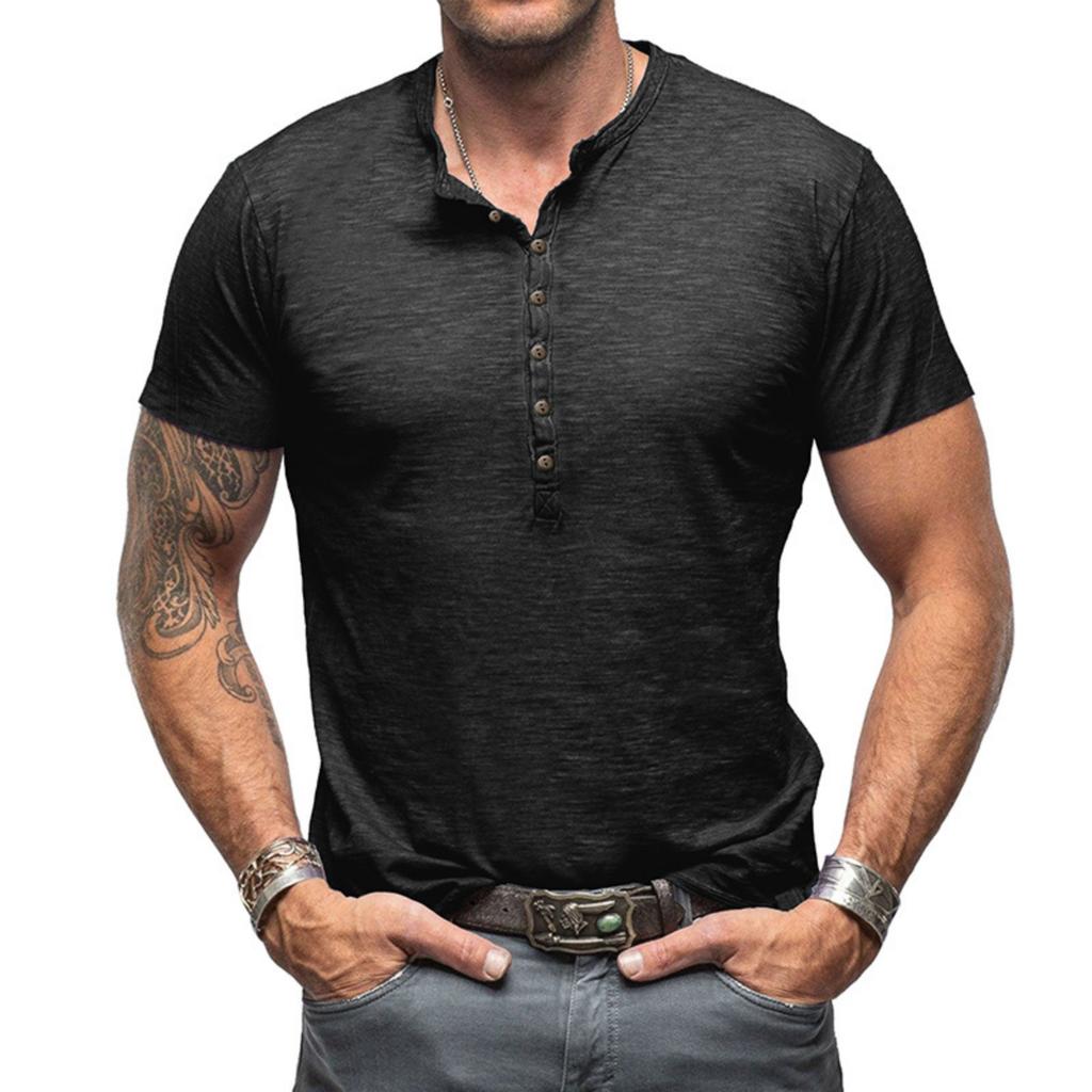 Men's Casual Sporty -color Base Layer Shirt, Men's Button-down Round-neck Short-sleeved Top