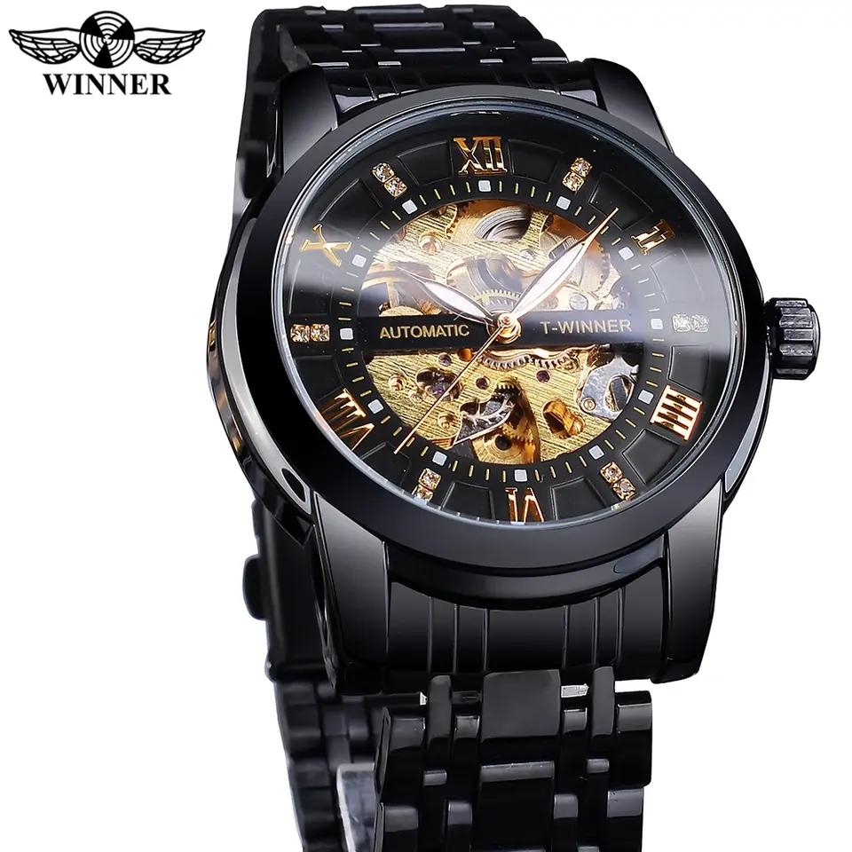 WINNER Orologi Meccanici Classici Lusso Quadrante con Diamanti Scheletro Nero Oro Automatico Orologio da Uomo Cinturino in Acciaio Inossidabile Orologio da Polso