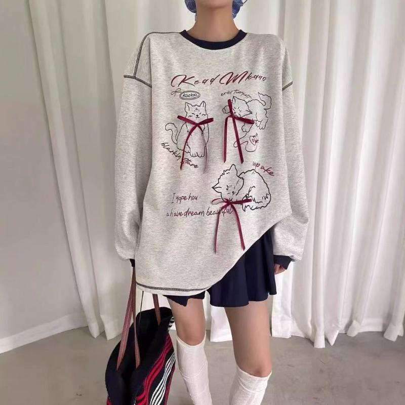 Cat Printed Bow Decoration Woman Hoodie Round Neck Women's Long Sleeved Pullover Tees Autumn Casual Loose Female Fashion Top