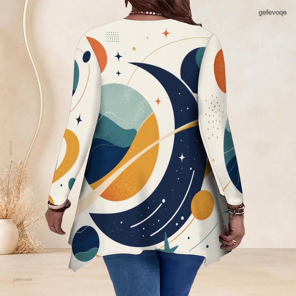 Plus Size Ladies V Neck Long Sleeve Loose Casual Blouse With Irregular Split Hem