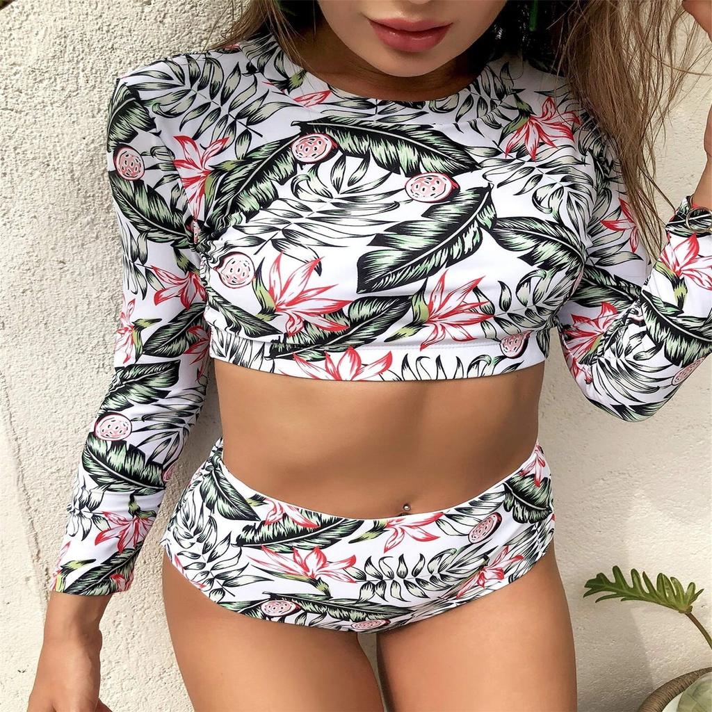 Women's Split Body With Bra Pads No Steel Bra Printed Zipper Swimsuit Long Sleeve Swimsuit