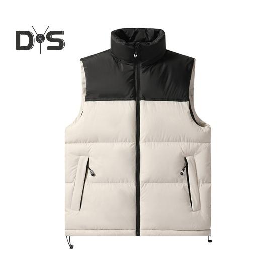Men Cotton Waistcoat Stand Collar Sleeveless Patchwork Color Cotton Vest Coat with Pockets Elastic Drawstring Hem Zipper Placket Vest Outwear