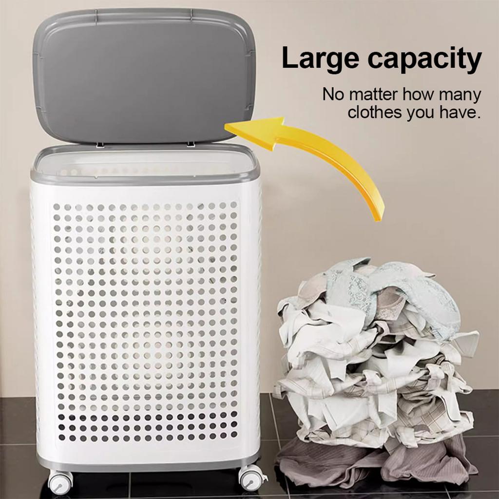 Dirty Clothes Basket Large Capacity Hollow Out Laundry Basket with Wheels Bathroom Organizer W/ Lid Washing Basket for Home Use