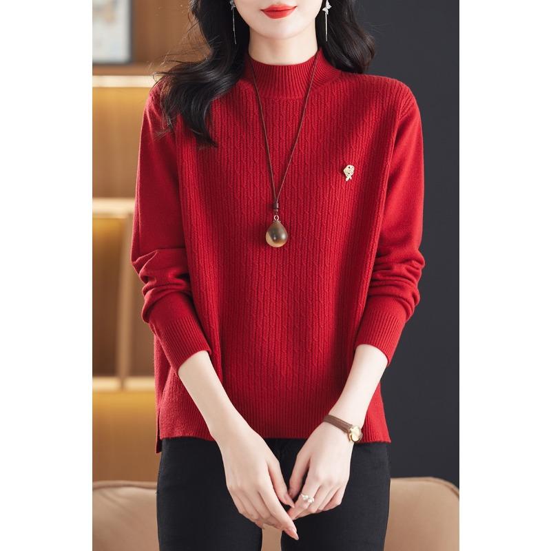 

Autumn and winter new semi-turtleneck sweater thickened and loose inside casual versatile striped knitted bottoming shirt top women s trend One Size красный