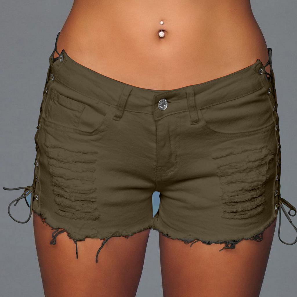 Dames Sexy Hotpants Gescheurd Sexy Street Cut Laag Uitgesneden Denim Shorts Zijdelingse Vetersluiting Broek Denim Shorts