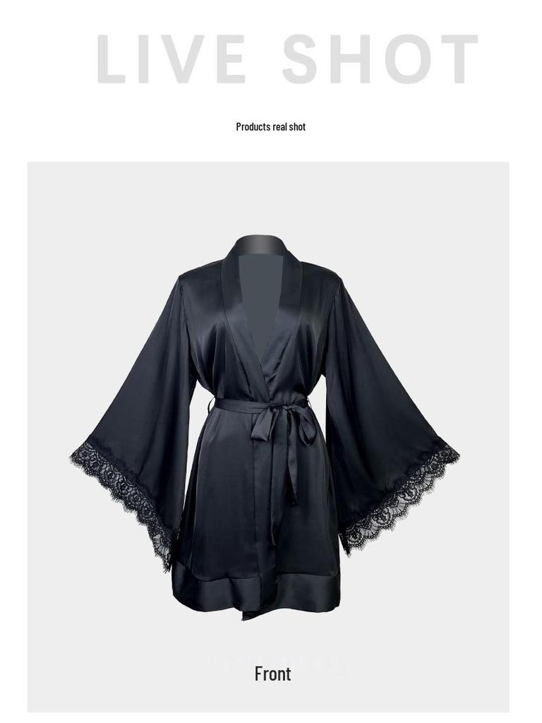 European & American Sexy Satin Mid-length Women's Long-sleeved Bathrobe Lingerie