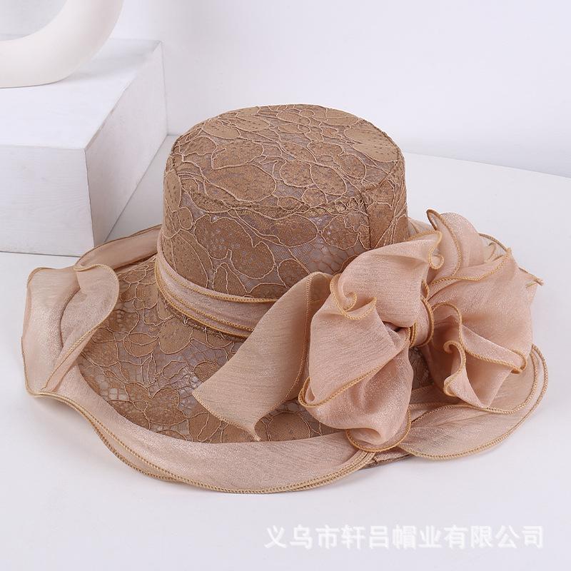 European and American breathable bucket hat fashion lace sun hat women's summer thin foldable mesh flower big brim top hat