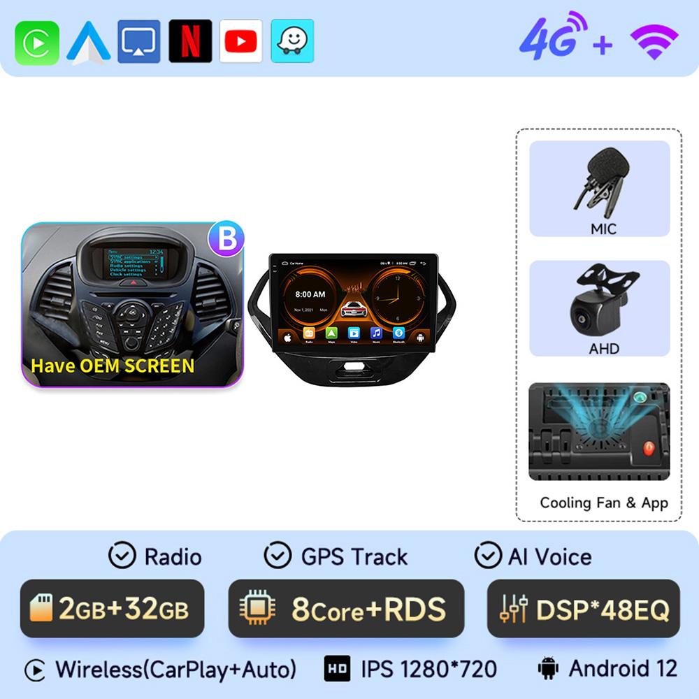 9" Car Radio For Ford FIGO 2015-2018 Android12 GPS Navigation Auto Multimedia Player Wireless Carplay Rear Camera 360 WIFI BT 4G