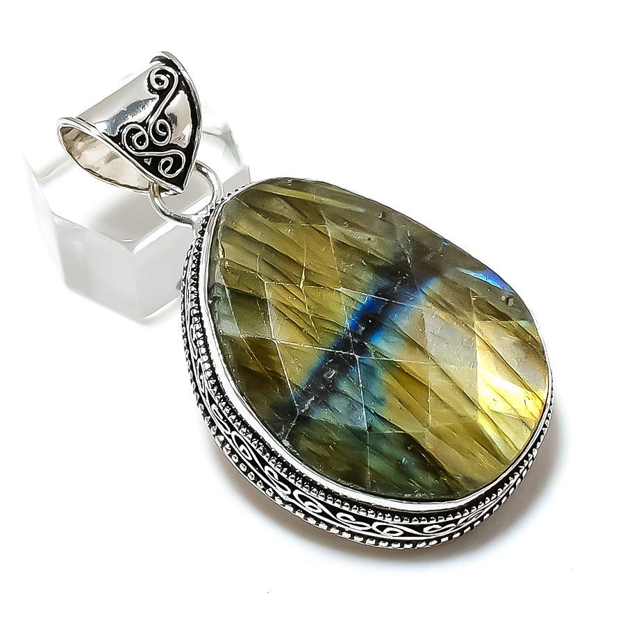 Natural Labradorite Gemstone Handmade 925 Sterling Silver Pendant 2.17" C9c81