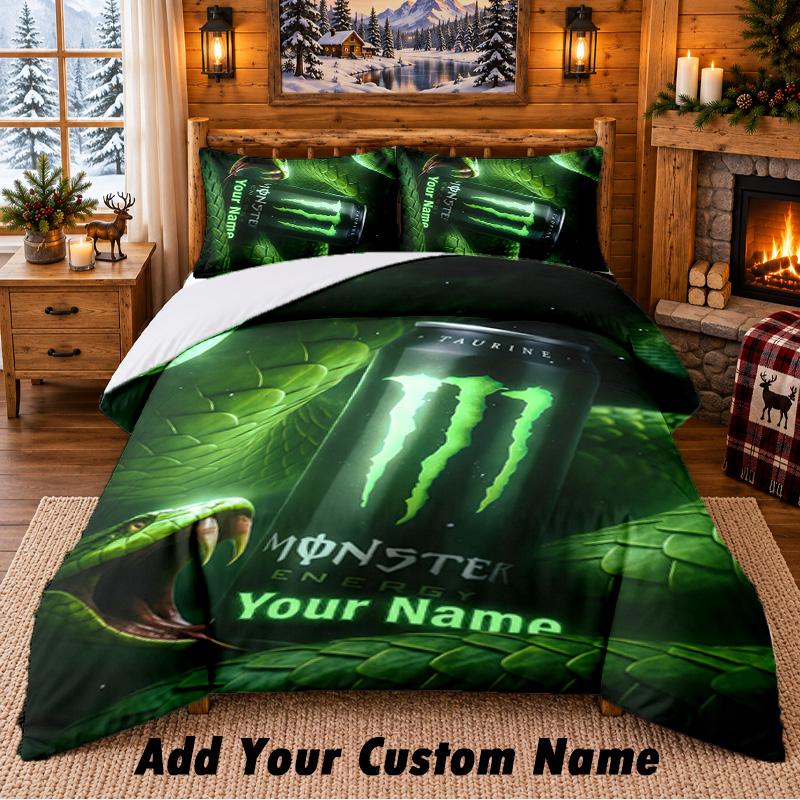 Monster Energy Pattern Bedding 3Pcs Set Custom Name, Bed Sheet And Pillowcases For Home Bedroom