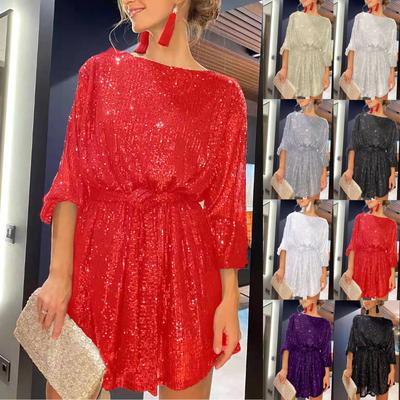 Women's Fashion Loose Long Sleeve Straight Sequin Glitter Dress Party Sequin Beaded Dress