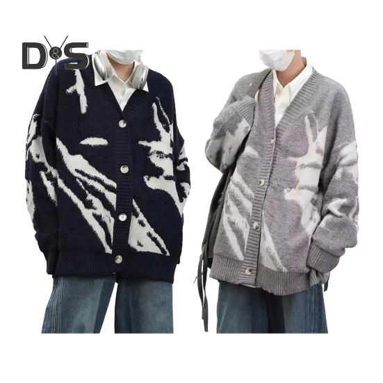 Men Cardigan Sweater Retro American Style V Neck Loose Single-breasted Contrast Color Knitted Sweater Coat Hip Hop Style Streetwear Jacket