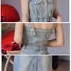 2026 Spring Retro Hong Kong Style Spaghetti Strap Denim Dress - Niche Design Waist-Cinching Long Dress for Women