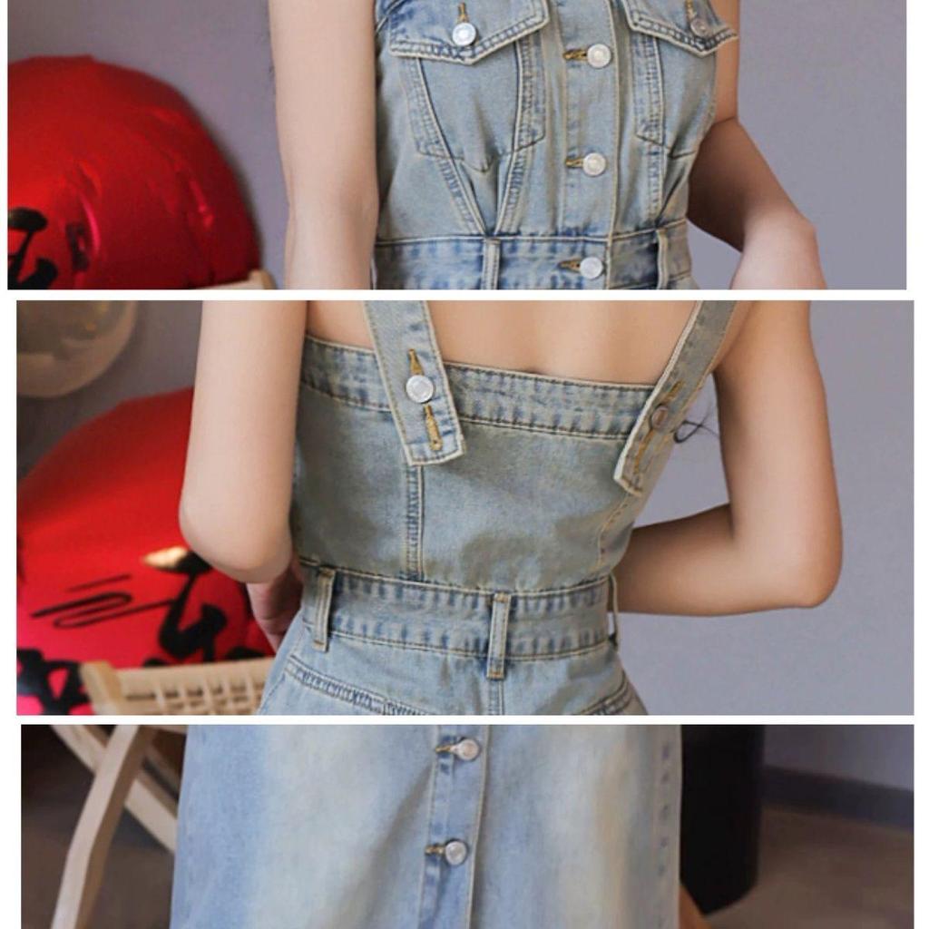 2026 Spring Retro Hong Kong Style Spaghetti Strap Denim Dress - Niche Design Waist-Cinching Long Dress for Women