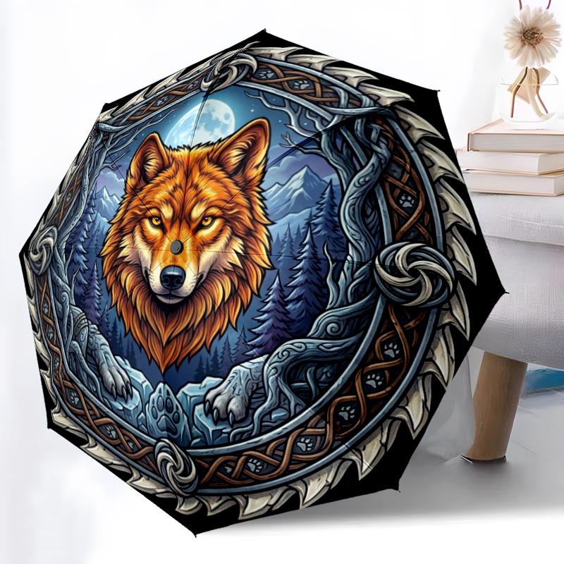 Wolf Moon Forest Crest pattern umbrella, portable and foldable design, 8 ribs, a casual accessory for Halloween, Christmas, and birthday gifts.