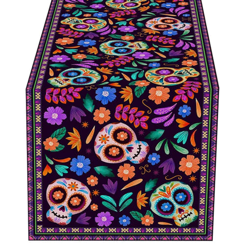 Mexican Skeleton Tablecloth - New Mexican Day of the Dead Table Runner, Mexican Sugar Skull Kitchen and Restaurant Decor, Rustic Linen Tablecloth, Mex