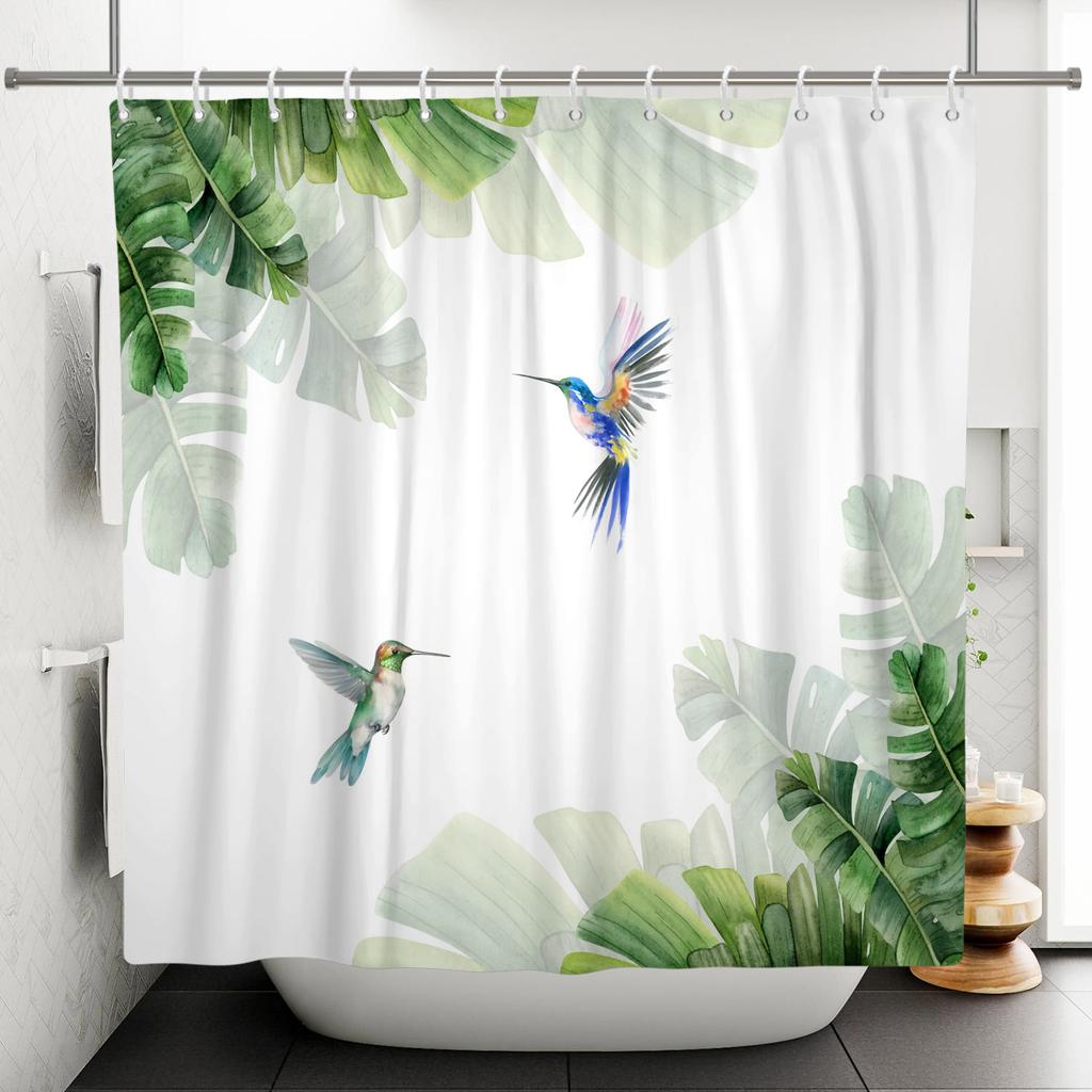 Modern Fresh Bathroom Shower Curtain Green Plants Colourful Flowers Bathroom Waterproof Curtain With Hooks Polyester Curtains