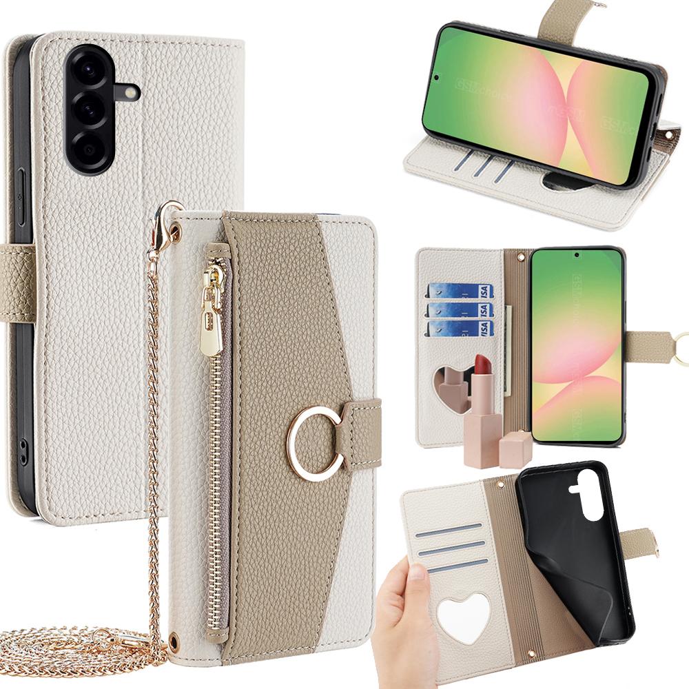For Samsung Galaxy A56 5G Case Mirror Wallet Leather Phone Cover with Chain Shoulder Strap