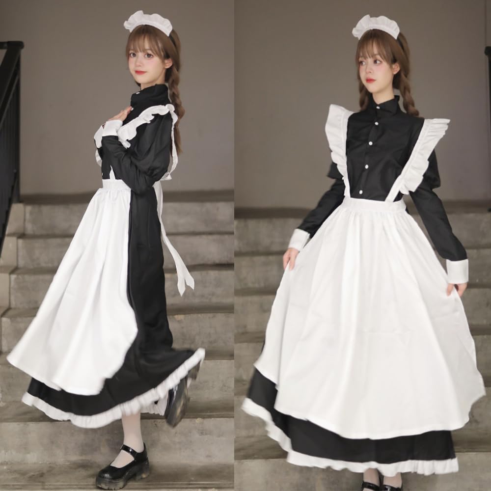 Maid Cosplay One Piece Cosplay Long Skirt British Style Large Size Cultural Festival School Festival Costume Photography Beginner Set Black L [FULINE]