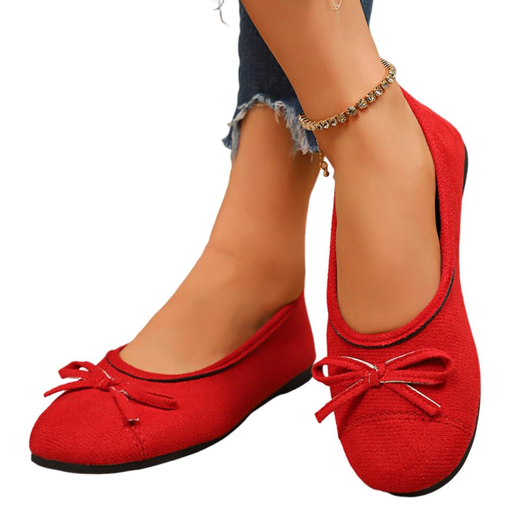 Women's Ballet Flats Slip On Round Toe Bow Accent Soft Upper Flexible Sole Casual Footwear