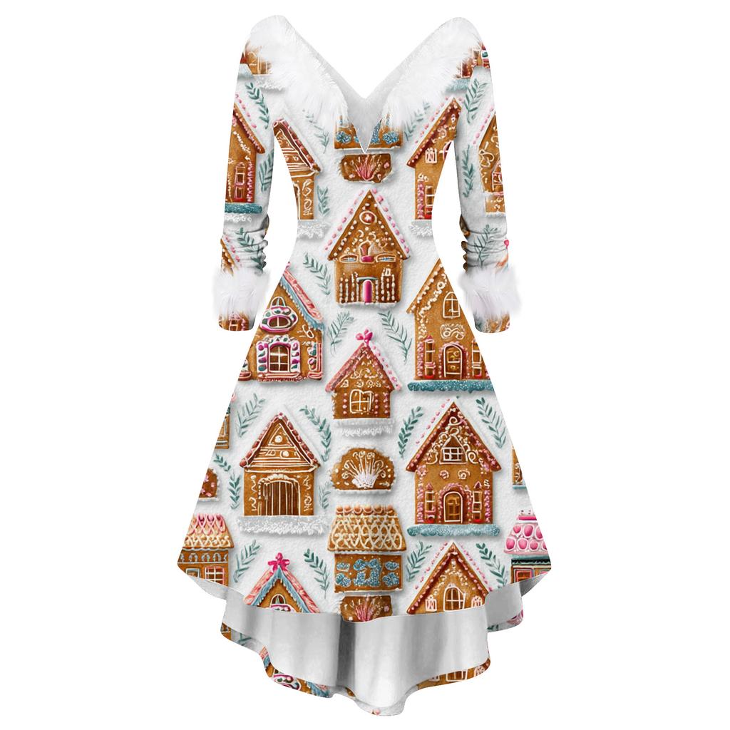 Dame Mote Casual V-hals Juleprint Langermet Kjole