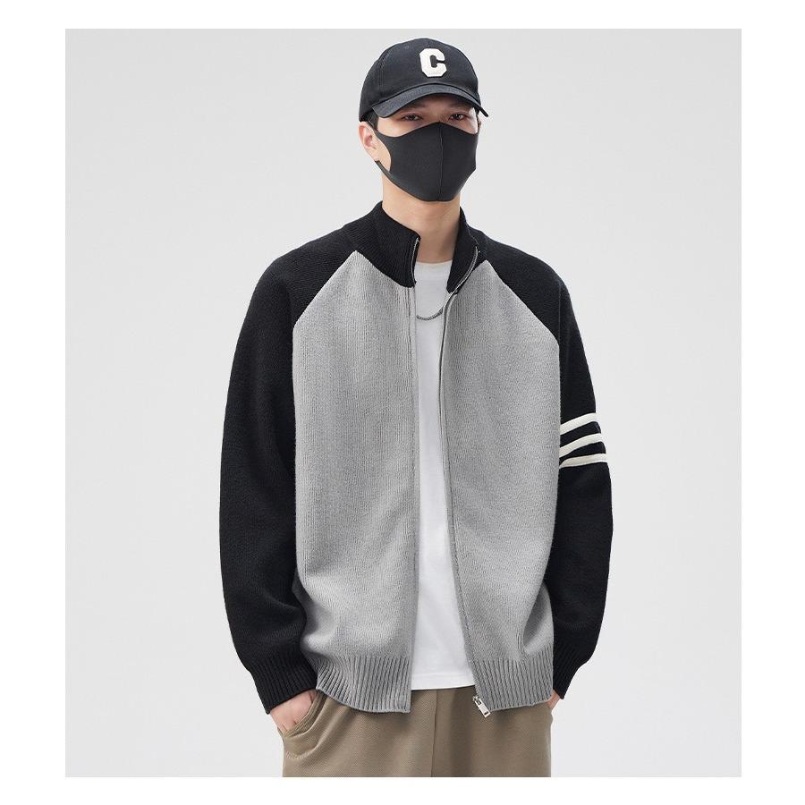 2025 Men's Stand Collar Color Block Cardigan: Trendy Wool Jacket for Spring, Autumn, Winter