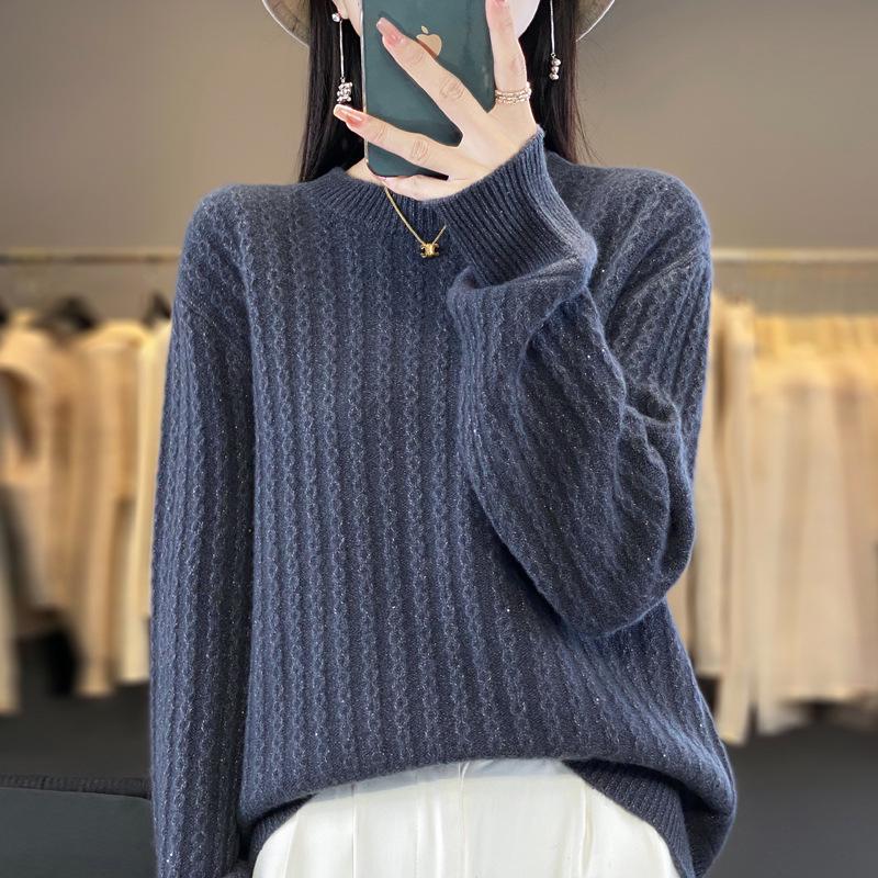 2024 A/W Women's Thick Wool Knit Sweater - Round Neck, Long Sleeve, Bright Silk, Loose Fit