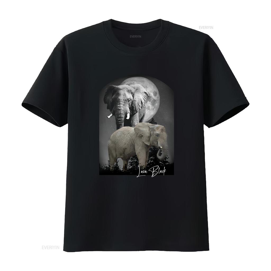 Realistic Dark Night Moon Elephant Family Wildlife Print Casual T Shirt Vintage Graphic Soft Comfortable