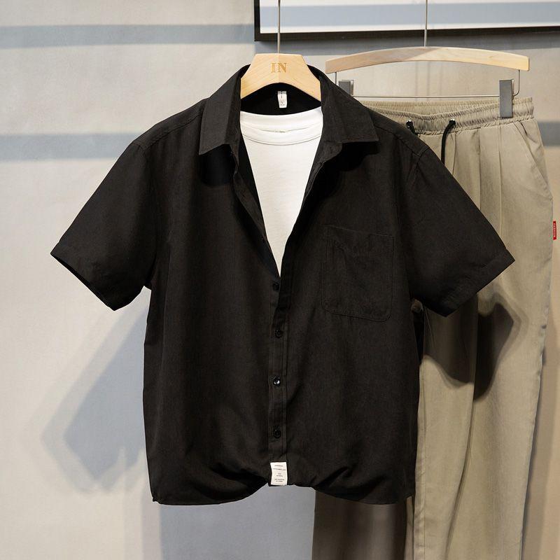 Japanese Men's Summer New Patchwork Square Collar Button Pocket Fashion Solid Loose Casual Versatile Short Sleeved Shirts