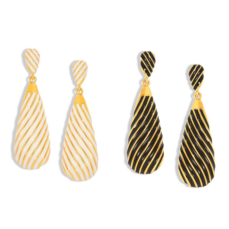 Elegante Schwarz-Weiß-Emaille Tropfen Anhänger Ohrringe für Damen Edelstahl Vergoldet Damen Hängeohrringe Mädchen Steckerohrringe